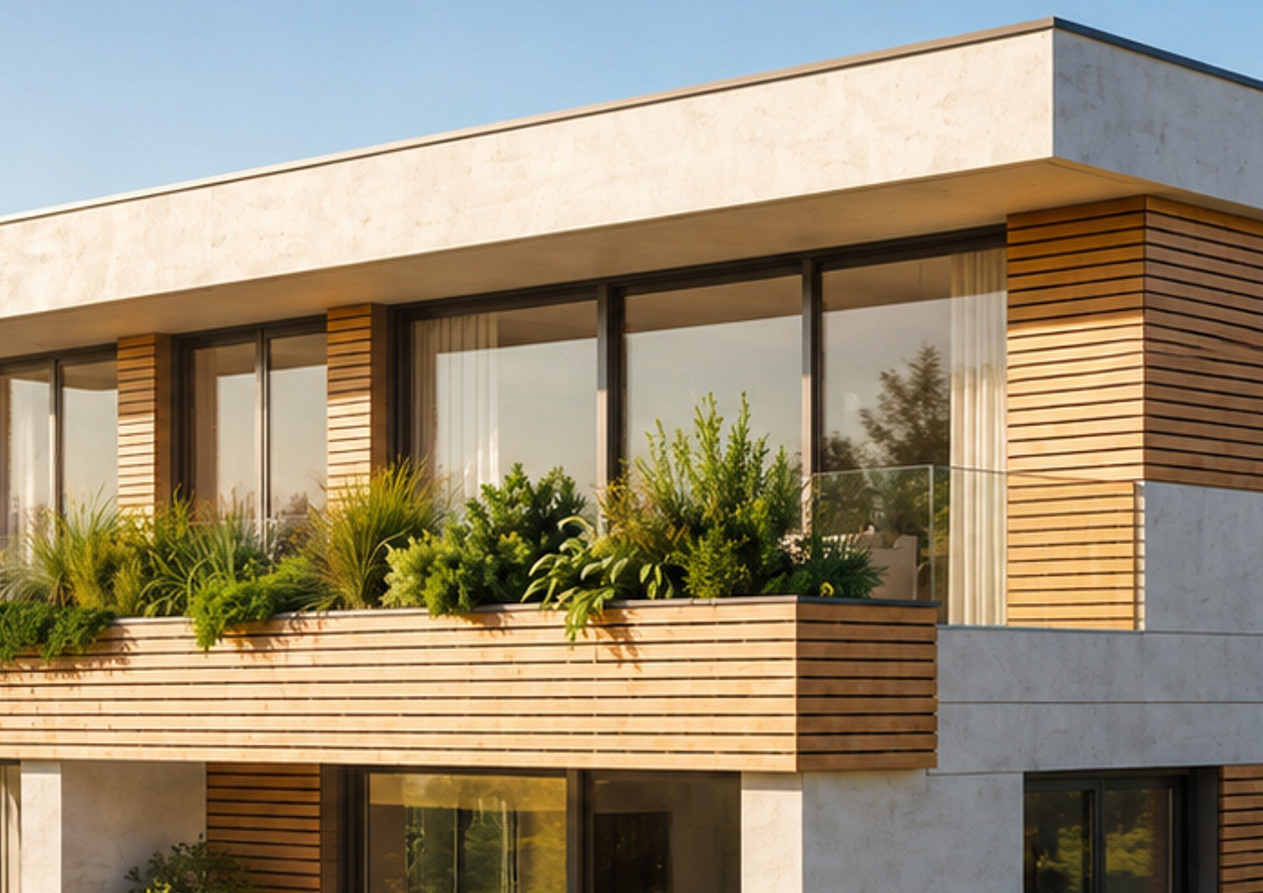 Detailansicht der modernen Holzfassade und Panoramafenster